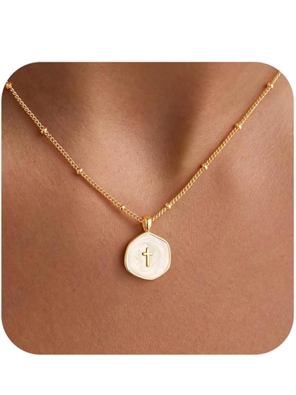 Gold Cross Pendant Necklace with White Inlay